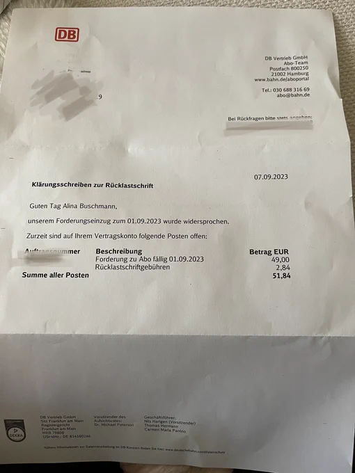 Foto eines Klärungsschreibens zu einer Rücklästschrift. Die Bahn fordert Geld für ein Abo, was ich vor Monaten gekündigt habe.