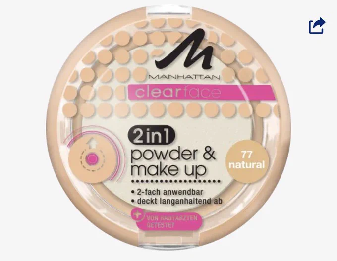 Screenshot einer Produktfotos von Manhatten Clearface 2 in 1 Puder & Make up in der Farbe 77.