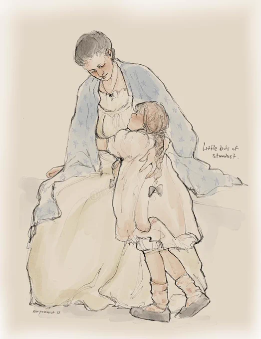 Digital sketch of Lady Usher and Roxie, a redraw of Jessie Willcox Smith's 1908 illustration "My Home is in my Mother's Eyes". Lady Usher sits in a white nightgown and shawl over her shoulders, hand supporting young Roxie, who is hugging her waist. Lady Usher's shawl is pale blue with faint stars on it and she's wearing a star necklace. Roxie's red hair is tied in two braids that end in little black bows. She's in Mary Janes and a pale pink dress, that matches her also pale pink socks, which have a faint flower pattern on them. On the right of the image reads "Little bits of stardust ."