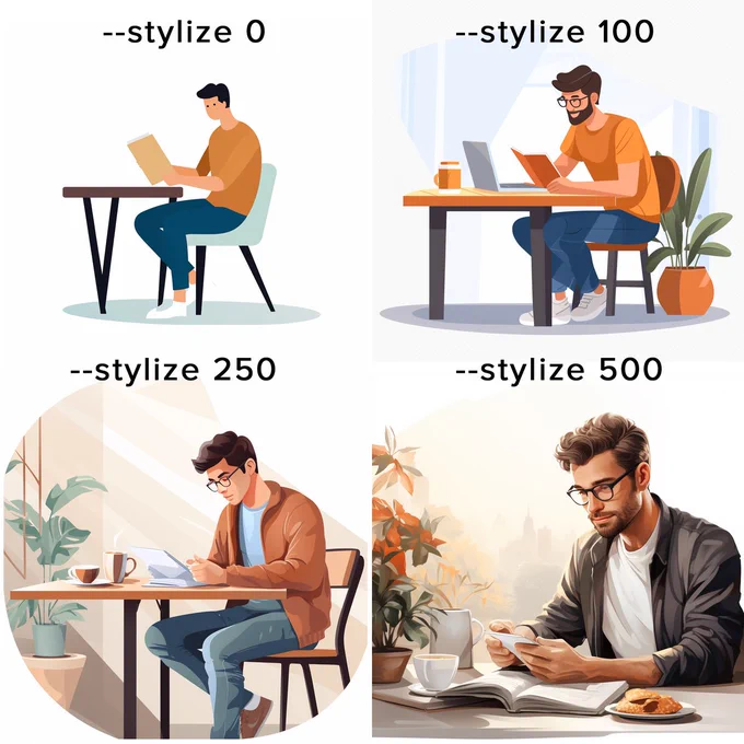 Prompt:

png white background, man sitting at a table reading a book, in the style of animated illustrations, studyplace, full body, text based --style raw --stylize X

Change the "X" to 0, 100, 250 or 500 to get the images you want.