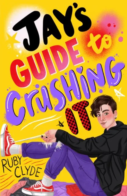 Cover to JAY'S GUIDE TO CRUSHING IT, with a short haired girl tying up her red trainers 