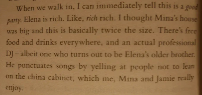 Paragraph of text about a cool house party DJ who "punctuates songs by yelling at people not to lean on the china cabinet"