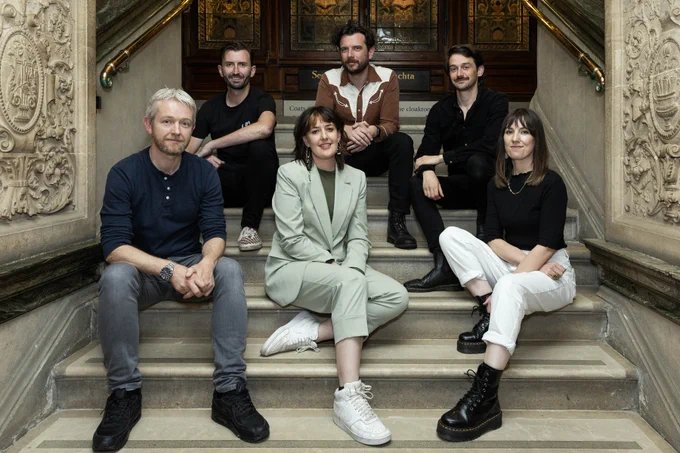 Performers at NLI Late at the Library August 31: Front L-R): Poet Colm Keegan, singer Sinéad White and actor Clare Monnelly (Back L-R): Poet and Performer Geoff Finan, Comedian Kevin McGahern, Poet and writer Eoin Rogers.