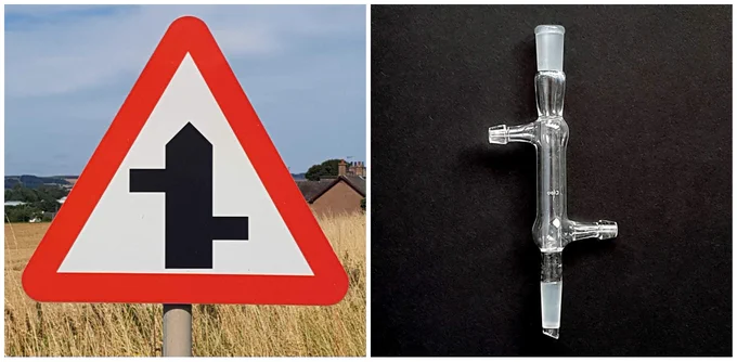 Photo of a roadsign warning of a staggered junction, and a photo of a glass Liebig pattern condenser with the water inlet and outlet in the same orientation as the road sign.