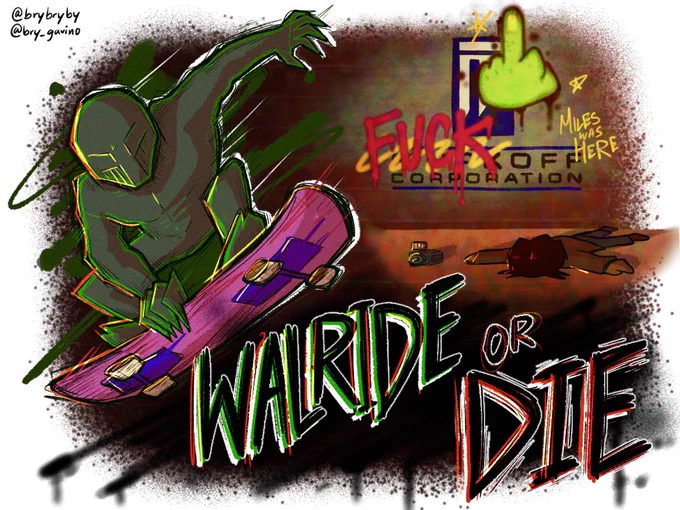 Outlast Fanart of the Walrider on a pink skateboard with the words “WALRIDER OR DIE”. Miles Upshur is seen lying face down in the background next to his camcorder, next to a graffitied “Murkoff Corporation” logo.