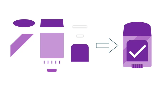 13 shapes on one side with an arrow pointed to the shapes put together as a sticker of deodorant