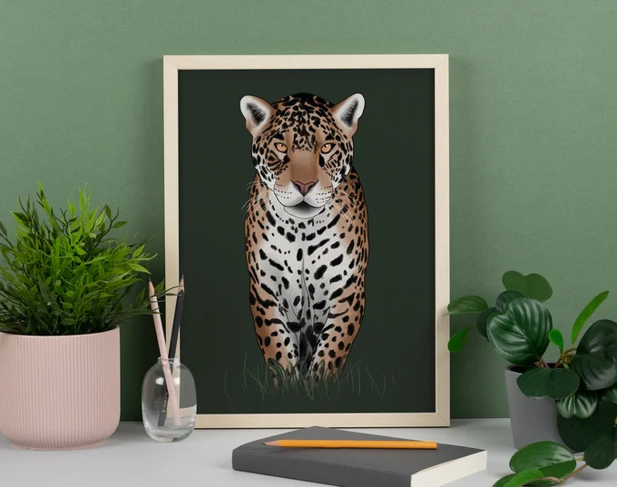 An art print of a hand-drawn jaguar cat