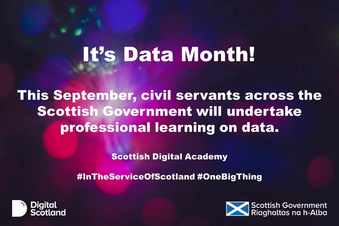 A multicoloured abstract background with Scottish Government and Digital Scotland logos, with white text that says Data Month. This September, civil servants across Scottish Government will undertake professional learning on data.