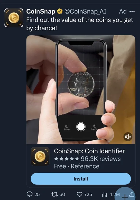 Screenshot of X ad for an app that identifies coins.