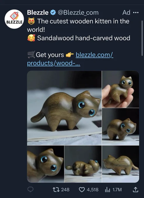 Ad for wooden cat figurine with huge, unworldly eyes.