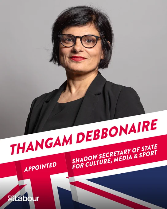 Image showing Thangam Debbonaire with text:

Thangam Debbonaire appointed Shadow Secretary of State for Culture, Media and Sport.