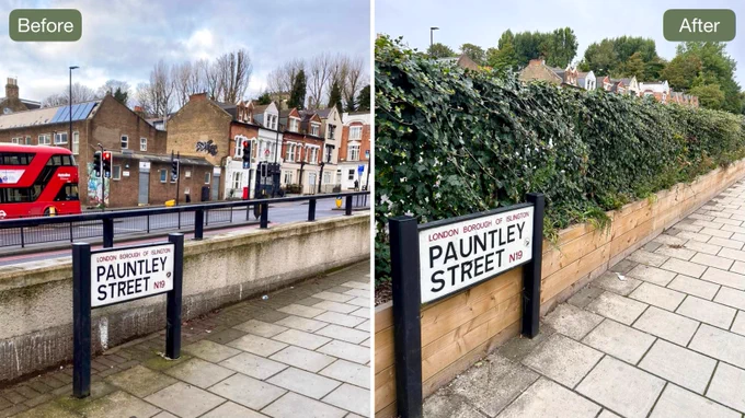 On behalf of the London Borough of Islington, we installed 70 linear meters of 1.6m tall hedera helix Woerner (ivy) screens in timber planters along the busy A1 Archway Rd to act as a pollution barrier and lighten up the area for the local residents.