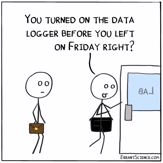 A scientist asks another if they turned on the data logger before the weekend.