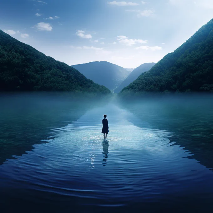 a woman stands in water off between a lake ((soft circle waves)) and mountain ranges, in the style of mysterious and dreamlike scenes, minimalistic japanese, mark lovett, 8k resolution, dreamlike illusionism, igor zenin, mary anning --style raw —s 100