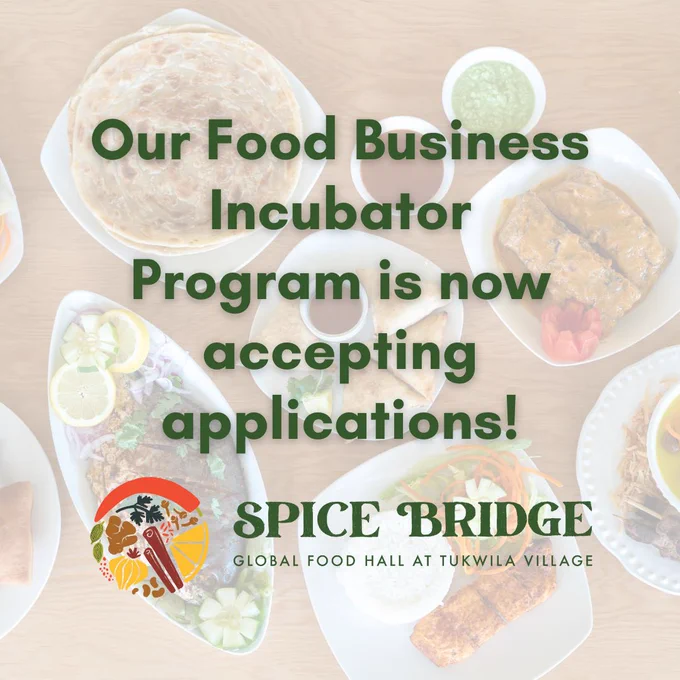 A graphic with Congolese food is the background. Text reads: "Our Food Business Incubator Program is now accepting applications!" Spice Bridge logo at bottom.