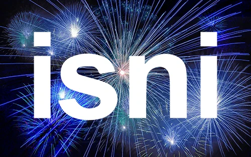 The ISNI International Agency's logo, showing isni in white, lower case letter on a black background with an array of blue fireworks.