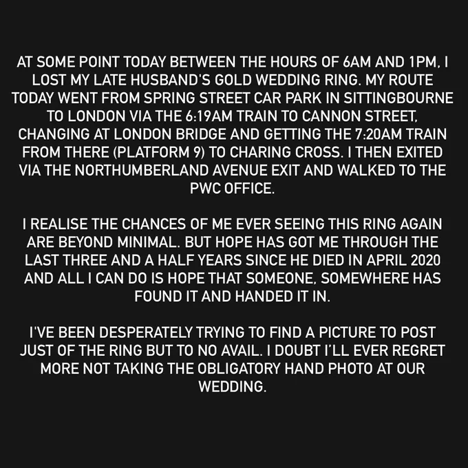 Post advising of a lost wedding ring.