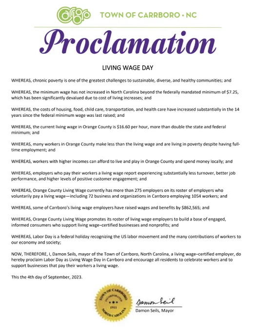 A proclamation of Living Wage Day by Carrboro Mayor Damon Seils.