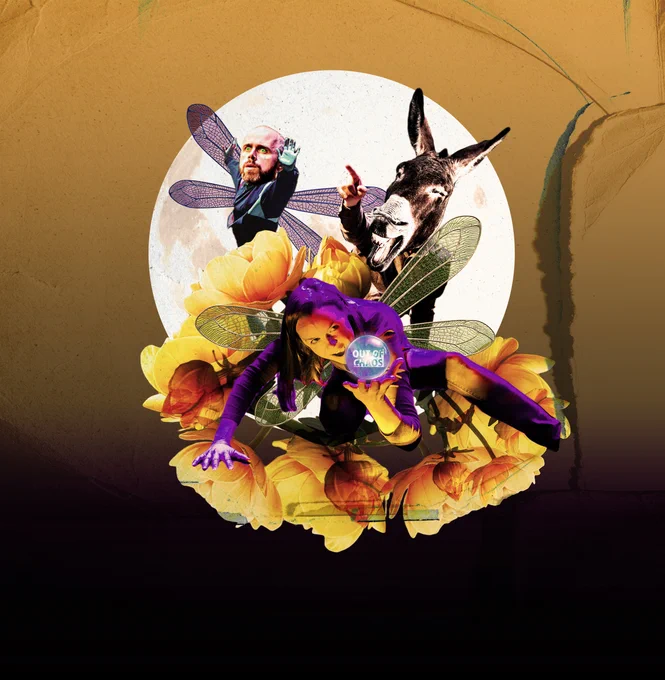 In the background there is a full moon. Foreground is colourful - two actors with dragonfly wings in front of bright yellow flowers. A character with a donkey's head is laughing.