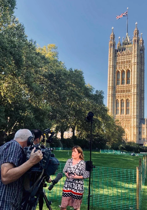 Mary being interviewed outside of Parliament 