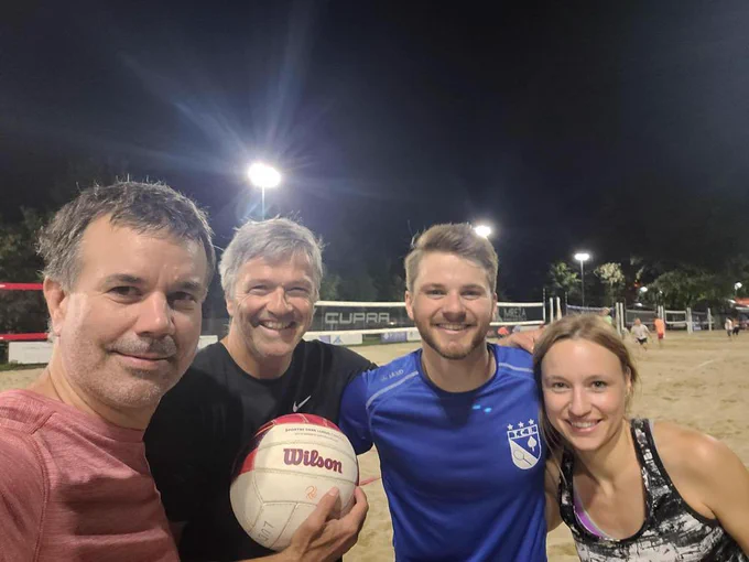 Jan Fuhse, Henning Plessner, Cornelius Holler and Annabell Schüßler (left to right) on a beachvolleyball court in Ljubljana
