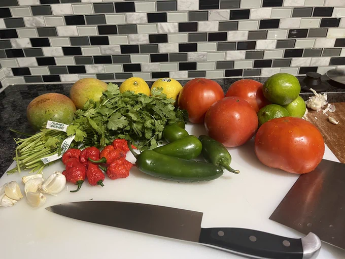 Left to right bottom to top. Garlic, cilantro, mango, Carolina reaper, lemon, jalapeño, tomato, lime