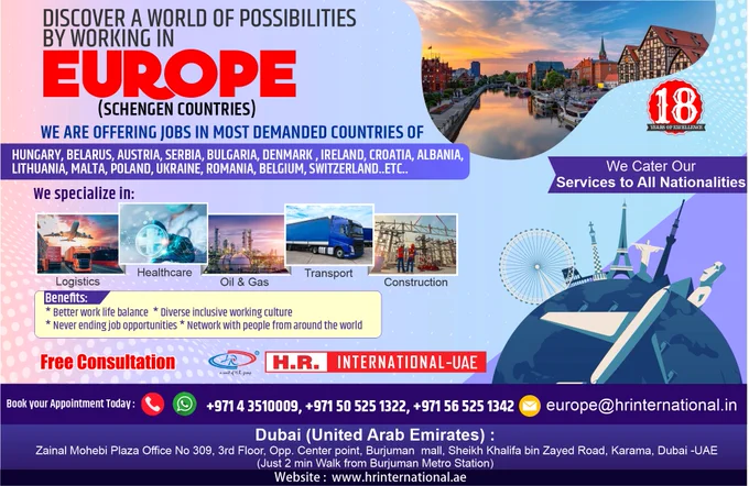 𝗗𝗜𝗦𝗖𝗢𝗩𝗘𝗥 𝗔 𝗪𝗢𝗥𝗟𝗗 𝗢𝗙 𝗣𝗢𝗦𝗦𝗜𝗕𝗜𝗟𝗜𝗧𝗜𝗘𝗦 𝗕𝗬 𝗪𝗢𝗥𝗞𝗜𝗡𝗚 𝗜𝗡 𝗘𝗨𝗥𝗢𝗣𝗘 (𝗦𝗖𝗛𝗘𝗡𝗚𝗘𝗡 𝗖𝗢𝗨𝗡𝗧𝗥𝗜𝗘𝗦 )

𝗪𝗲 𝗔𝗿𝗲 𝗢𝗳𝗳𝗲𝗿𝗶𝗻𝗴 𝗝𝗼𝗯𝘀 𝗜𝗻 𝗠𝗼𝘀𝘁 𝗗𝗲𝗺𝗮𝗻𝗱𝗲𝗱 𝗖𝗼𝘂𝗻𝘁𝗿𝗶𝗲𝘀 𝗢𝗳
- 𝗛𝘂𝗻𝗴𝗮𝗿𝘆
- 𝗕𝗲𝗹𝗮𝗿𝘂𝘀
- 𝗔𝘂𝘀𝘁𝗿𝗶𝗮
- 𝗦𝗲𝗿𝗯𝗶𝗮
- 𝗕𝘂𝗹𝗴𝗮𝗿𝗶𝗮
- 𝗗𝗲𝗻𝗺𝗮𝗿𝗸
- 𝗜𝗿𝗲𝗹𝗮𝗻𝗱
- 𝗖𝗿𝗼𝗮𝘁𝗶𝗮
- 𝗔𝗹𝗯𝗮𝗻𝗶𝗮
- 𝗟𝗶𝘁𝗵𝘂𝗮𝗻𝗶𝗮
- 𝗠𝗮𝗹𝘁𝗮
- 𝗣𝗼𝗹𝗮𝗻𝗱
- 𝗨𝗸𝗿𝗮𝗶𝗻𝗲
- 𝗥𝗼𝗺𝗮𝗻𝗶𝗮
- 𝗕𝗲𝗹𝗴𝗶𝘂𝗺
- 𝗦𝘄𝗶𝘁𝘇𝗲𝗿𝗹𝗮𝗻𝗱

𝗪𝗲 𝗦𝗽𝗲𝗰𝗶𝗮𝗹𝗶𝘇𝗲 𝗶𝗻:
𝗟𝗢𝗚𝗜𝗦𝗧𝗜𝗖𝗦 | 𝗛𝗘𝗔𝗟𝗧𝗛𝗖𝗔𝗥𝗘 | 𝗢𝗜𝗟 & 𝗚𝗔𝗦 | 𝗧𝗥𝗔𝗡𝗦𝗣𝗢𝗥𝗧 | 𝗖𝗢𝗡𝗦𝗧𝗥𝗨𝗖𝗧𝗜𝗢𝗡

𝗕𝗼𝗼𝗸 𝗬𝗼𝘂𝗿 𝗔𝗽𝗽𝗼𝗶𝗻𝘁𝗺𝗻𝗲𝘁 𝗧𝗼𝗱𝗮𝘆:
𝗖𝗮𝗹𝗹/𝗪𝗵𝗮𝘁'𝘀𝗮𝗽𝗽
 𝟵𝟳𝟭 𝟰𝟯 𝟱𝟭𝟬 𝟬𝟬𝟵 |  𝟵𝟳𝟭 𝟱𝟬 𝟱𝟮𝟱 𝟭𝟯𝟮𝟮 |  𝟵𝟳𝟭 𝟱𝟲 𝟱𝟮𝟱 𝟭𝟯𝟰𝟮
𝗲𝘂𝗿𝗼𝗽𝗲@𝗵𝗿𝗶𝗻𝘁𝗲𝗿𝗻𝗮𝘁𝗶𝗼𝗻𝗮𝗹.𝗶𝗻

𝗩𝗶𝘀𝗶𝘁 𝗼𝘂𝗿 𝗪𝗲𝗯𝘀𝗶𝘁𝗲:
𝘄𝘄𝘄.𝗵𝗿𝗶𝗻𝘁𝗲𝗿𝗻𝗮𝘁𝗶𝗼𝗻𝗮𝗹.𝗮𝗲

#𝗲𝘂𝗿𝗼𝗽𝗲 #𝘄𝗼𝗿𝗸𝗶𝗻𝗴𝗶𝗻𝗲𝘂𝗿𝗼𝗽𝗲