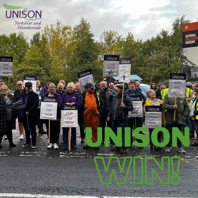 Workers represented by UNISON outside the National Coal Mining Museum. Text reads “UNISON WIN!”