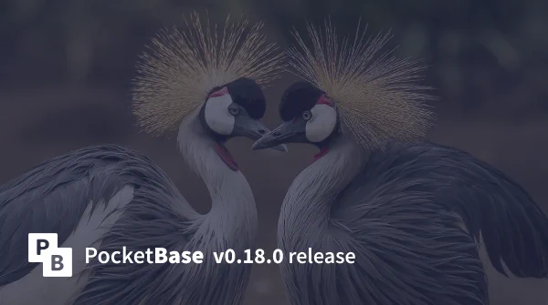 PocketBase v0.18.0 release banner showing grey crowned cranes in the background.
