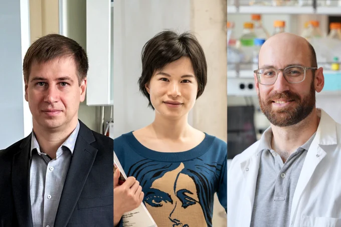 📸 From left to right: Hryhoriy Polshyn (© ISTA), Bingqing Cheng (© Josef Herfert | ISTA), Florian Praetorius (© Ian C. Hydon UW Institute for Protein Design)
