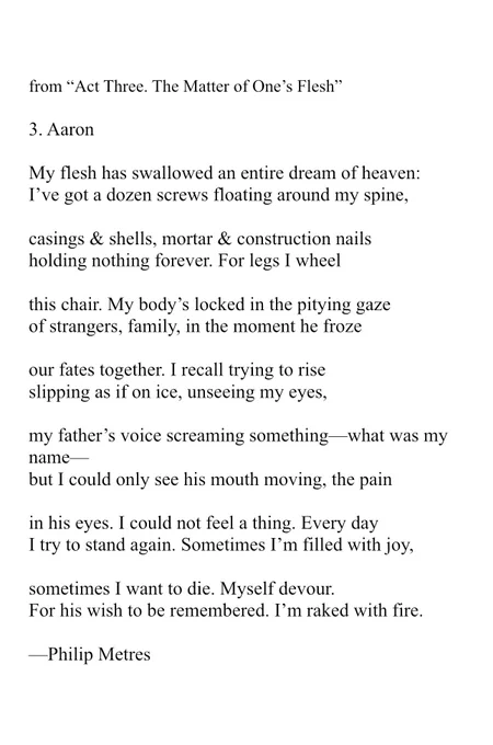 from “Act Three. The Matter of One’s Flesh”
 
3. Aaron
 
My flesh has swallowed an entire dream of heaven:
I’ve got a dozen screws floating around my spine,
 
casings & shells, mortar & construction nails
holding nothing forever. For legs I wheel
 
this chair. My body’s locked in the pitying gaze
of strangers, family, in the moment he froze
 
our fates together. I recall trying to rise
slipping as if on ice, unseeing my eyes,
 
my father’s voice screaming something—what was my name—
but I could only see his mouth moving, the pain
 
in his eyes. I could not feel a thing. Every day
I try to stand again. Sometimes I’m filled with joy,
 
sometimes I want to die. Myself devour.
For his wish to be remembered. I’m raked with fire.
 
—Philip Metres