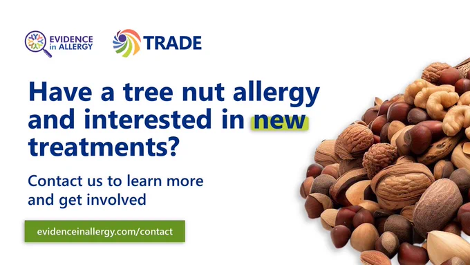 The Evidence in Allergy and TRADE logos at the top. The text reads: "Have a tree nut allergy and interested in new treatments? Contact us to learn more and get involved evidenceinallergy.com/contact ". An image of tree nuts on the right.