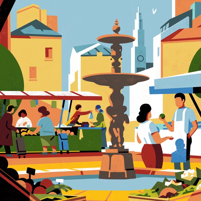 Place de la Réunion Paris 20 illustration de l'artiste Aloïs Marignane.
La place avec sa fontaine, le marché et la silhouette de l'église Dom Bosco ressemble à une place provençale. Ciel bleu, immeubles jaune d'or, stylisation...