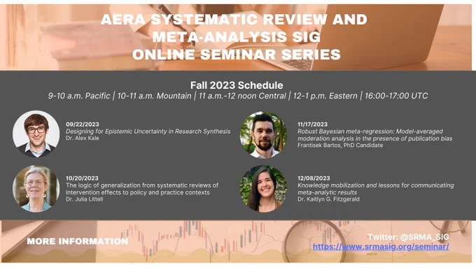 AERA Systematic Review and Meta-Analysis SIG Online Seminar Series

Fall 2023 Schedule
9-10 am Pacific / 10-11 am Mountain / 11-12 noon Central / 1-2 pm Eastern / 16-17:00 UTC

9/22/2023
Designing for Epistemic Uncertainty in Research Synthesis
Dr. Alex Kale

10/20/2023
The logic of generalization from systematic reviews of intervention effects in policy and practice contexts
Dr. Julia Littell

11/17/2023
Robust Bayesian meta-regresssion: Model-averaged moderation analysis in the presence of publication bias
Frantisek Bartos

12/8/2023
Knowledge mobilization and lessons for communicating meta-analytic results
Dr. Kaitlyn G. Fitzgerald

More information: 
https://www.srmasig.org/seminar/
https://twitter.com/SRMA_SIG