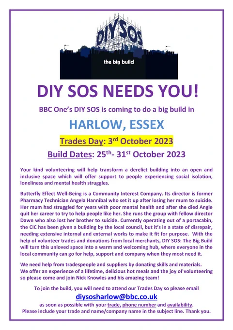 We're really excited to announce that #DIYSOS - The Big Build will be coming to Harlow, Essex!
Check out the flyer below for more information.

👇 

Any personal information you provide will be held in accordance with our privacy policy: https://productions.bbcstudios.com/privacy-policy