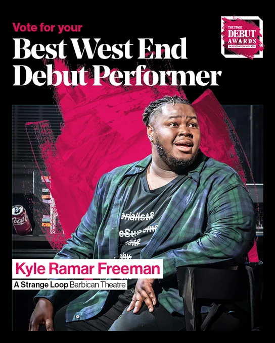 A black asset with a cut out image of Kyle Ramar Freeman in front of a pink splash. Pink and white text reads 'Vote for your Best West End Debut Performer'