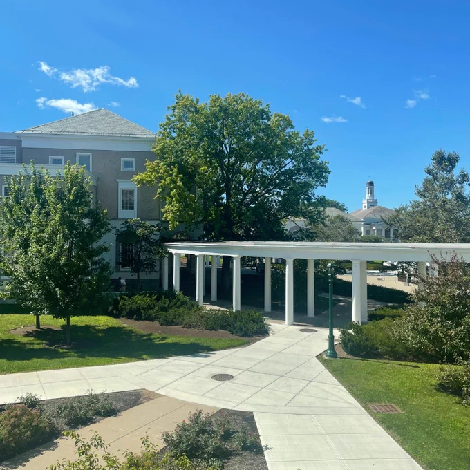 View of Schaffer Library (at left) with library colonnade (center) and Memorial Chapel (in distance) on the Union College campus in Schenectady NY, USA