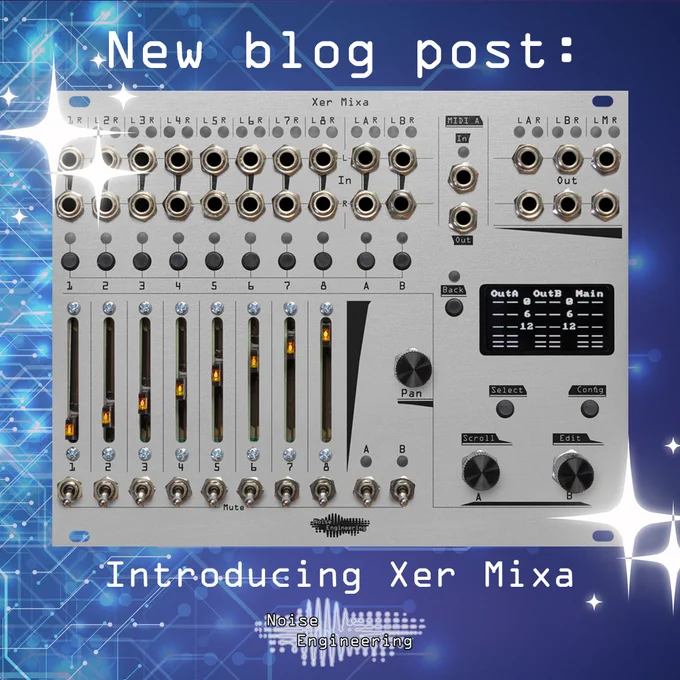 A graph with a blue circuit board background with the Xer Mixa module and the words, "New blog post: Introducing Xer Mixa."  