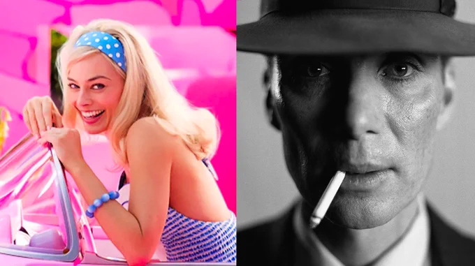 Side by side screenshots from the Barbie movie (left) and Oppenheimer movie (right)
