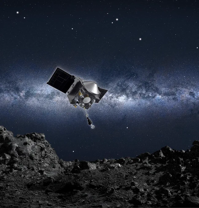 Artist’s conception of the OSIRIS-REx spacecraft descending to the surface of Bennu, with its sampling arm extended for touchdown. (Credit: NASA/Goddard/University of Arizona)
