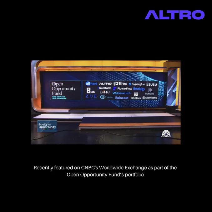 Image description: A picture of a screen on CNBC's Worldwide Exchange, displaying the Open Opportunity Fund's portfolio of companies with AI Exposure. ALTRO logo is featured, alongside 16 other tech company logos. The text below the picture states "Recently featured on CNBC's Worldwide Exchange as part of the Open Opportunity Fund's portfolio" with a black border and the ALTRO logo in the top right in purple.
