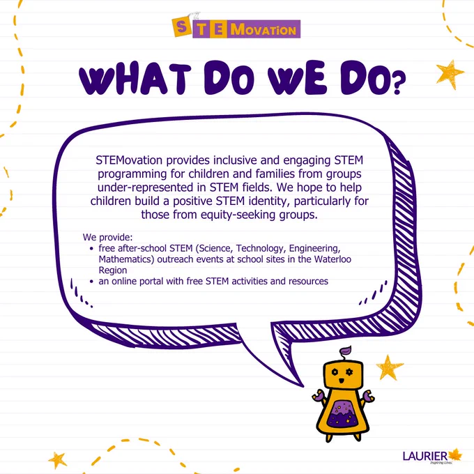 At the top of the post is the STEMovation logo, and right below is the title “What Do We Do” in large text. Below it, the robot icon STEMY has a speech bubble that says, “STEMovation provides inclusive and engaging STEM programming for children and families from groups under-represented in STEM fields. We hope to help children build a positive STEM identity, particularly for those from equity-seeking groups.” Right under the text is, “We provide, free after-school STEM (Science, Technology, Engineering, Mathematics) outreach events at school sites in the Waterloo Region, and an online portal with free STEM activities and resources.” 