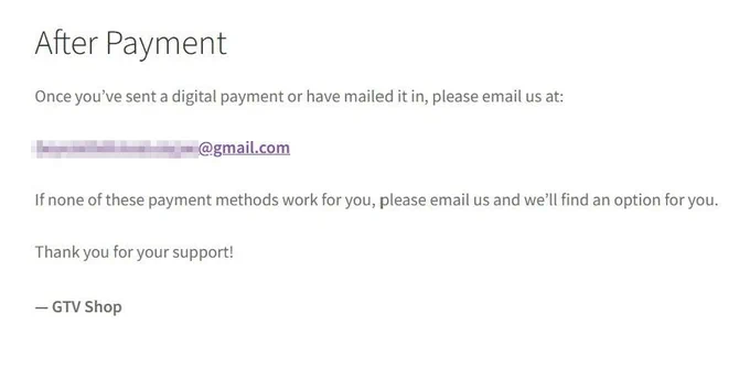 A screenshot from the GDL webstore instructing users to coordinate with their Gmail address when placing orders.