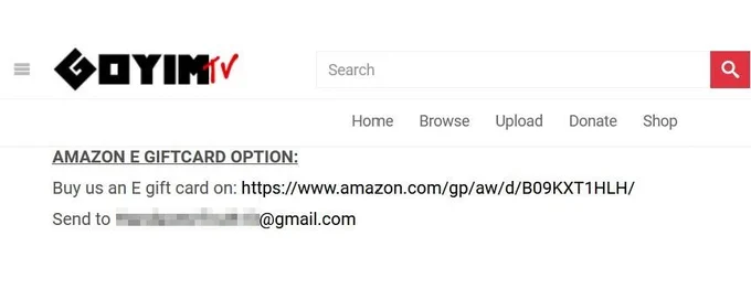 A screenshot from GoyimTV instruction users to send amazon gift cards to a gmail address.