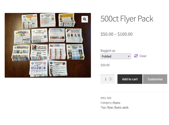 A screenshot of a 500 flyer pack listing from the GDL. The thumbnail of the flyers shows antisemitic messaging and symbols.