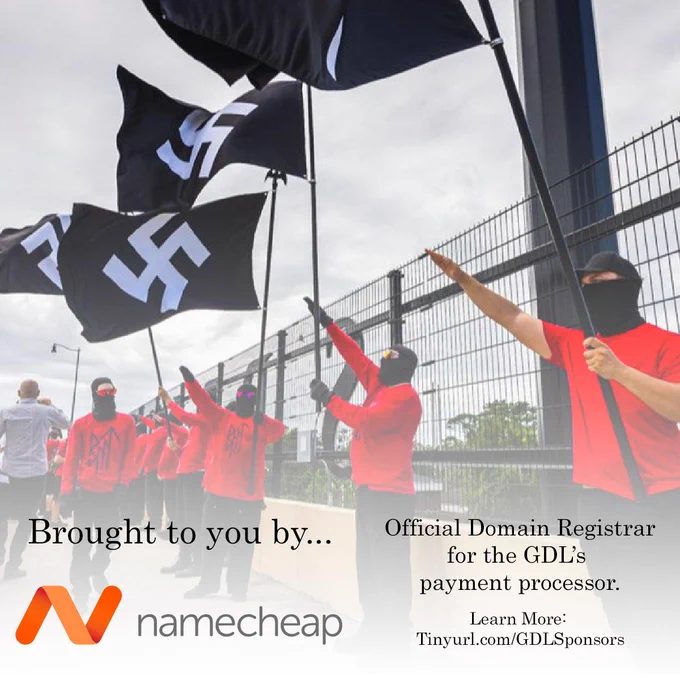 A photo of neo Nazis in red blood tribe shirts and black balaclavas throwing roman salutes while holding large swastika flags. The text "brought to you by" is overlayed on top, followed by the Google logo. The text reads Official Domain Registrar for the GDL's Payment Processor.