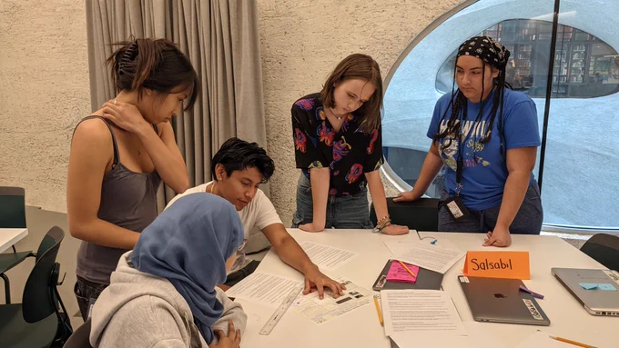 A group of students has gathered around a table, which is covered in printouts and closed laptop computers. They are learning about data science methods and machine learning algorithms, and how to apply them to scientific research questions. Credit: Safinah Ali