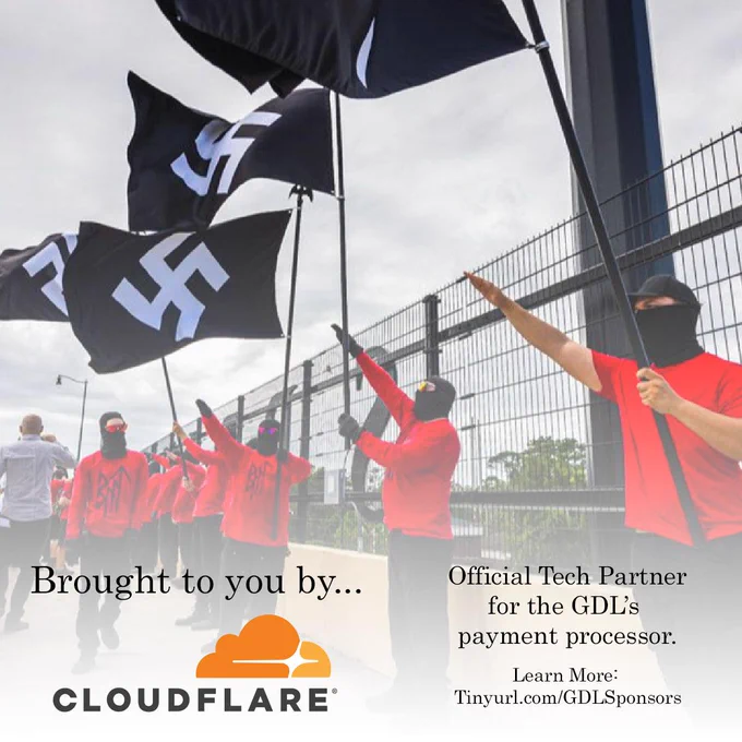 A photo of neo Nazis in red blood tribe shirts and black balaclavas throwing roman salutes while holding large swastika flags. The text "brought to you by" is overlayed on top, followed by the Google logo. The text reads Official Tech Partner for the GDL's payment processor.