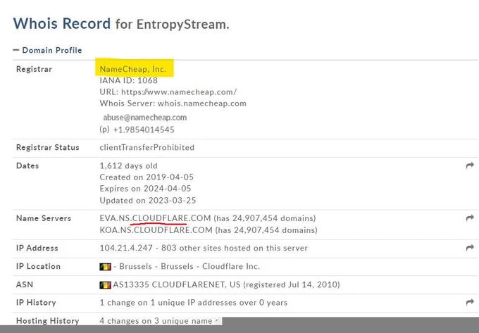 A WHOIS lookup showing that NameCheap provides the domain and CloudFlare provides the name servers for EntropyStream