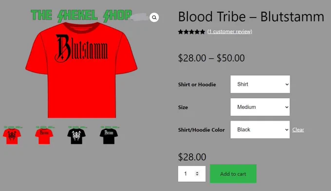 A screenshot of the listing for the Blood Tribe red t-shirts from The Shekel Shop.